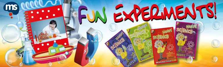 Mind Stretcher 'Fun Experiments!' banner showing a set of activity books
