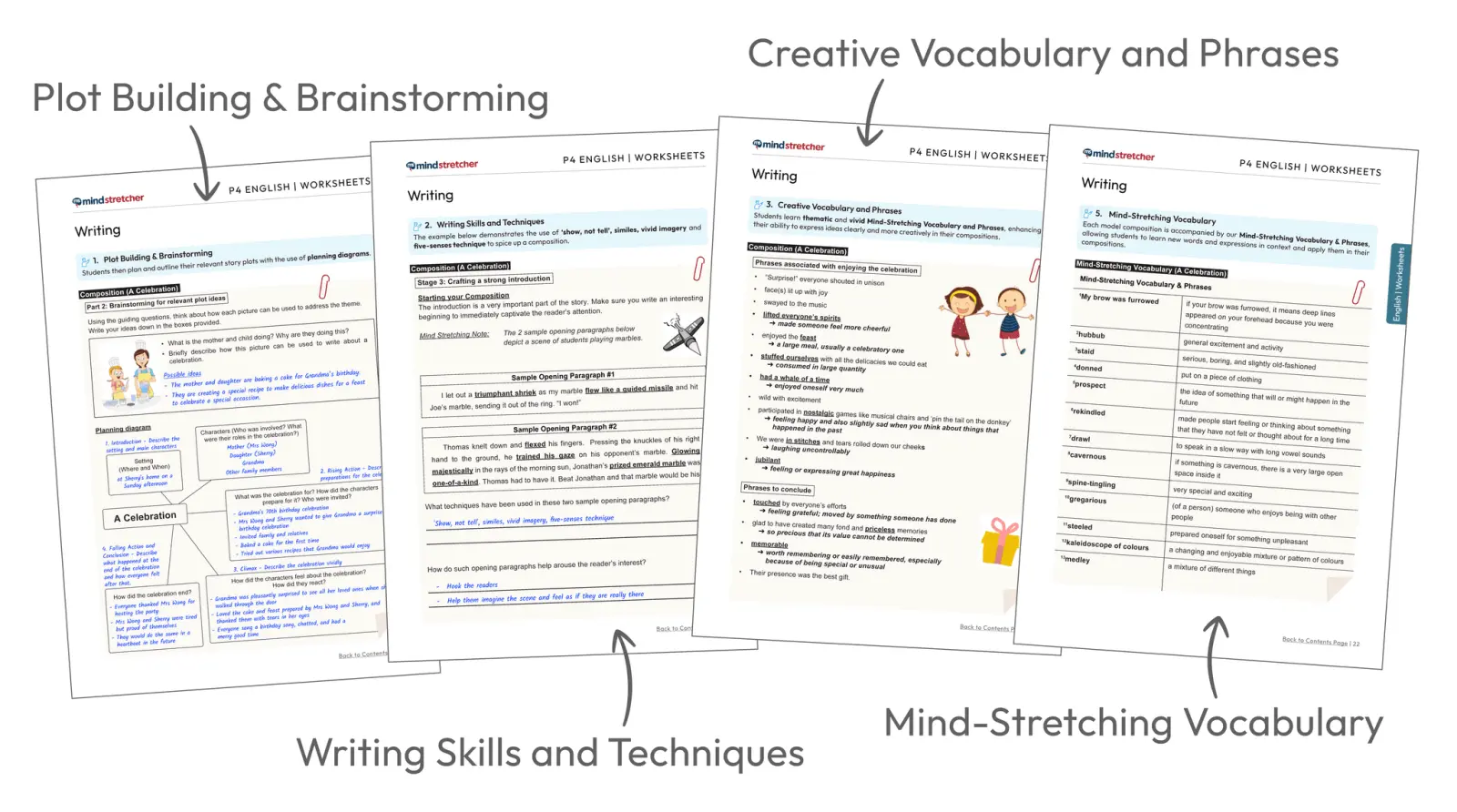 A spread of Mind Stretcher Primary 4 English Paper 1: Writing materials