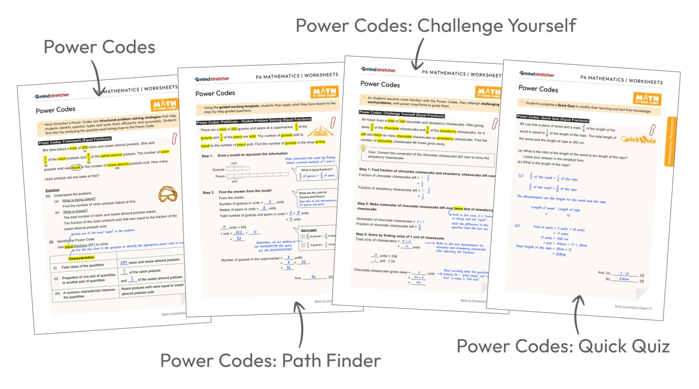 A spread of Mind Stretcher Power Codes worksheets: Framework, Path Finder, Challenge Yourself and Quick Quiz