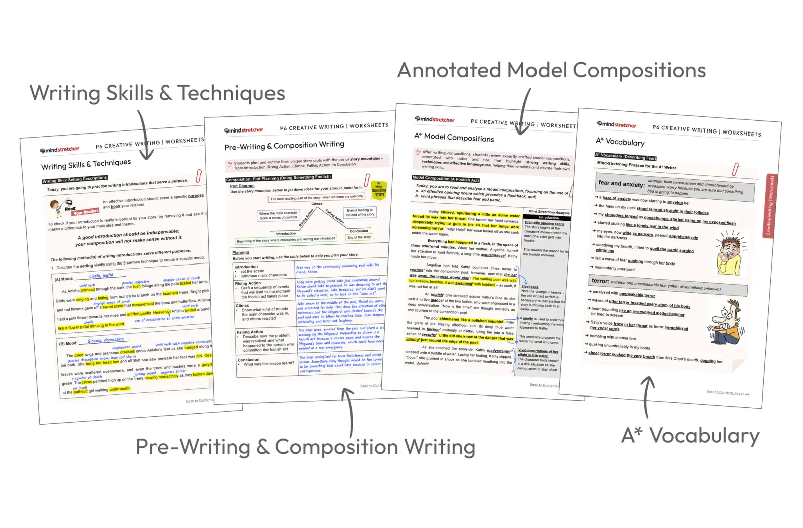 A spread of Mind Stretcher Primary 6 Creative Writing curriculum materials